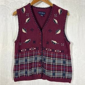 VTG Sweater Vest Large Burgundy Leaves Plaid Fall Blanket Stitch Mountain Lake